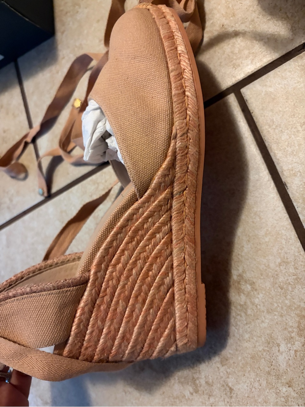 Stuart Weitzman Tan Espadrille Wedge Sandals with Ankle Wrap